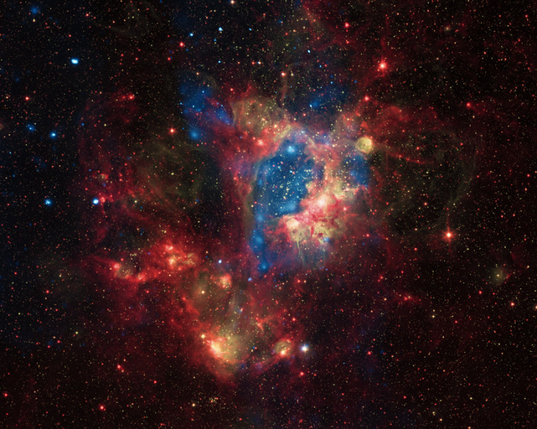 This composite image shows a superbubble in the Large Magellanic Cloud.