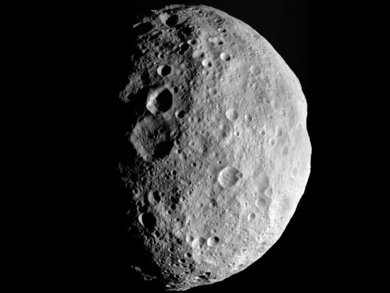 This image is from the last sequence of images NASA's Dawn spacecraft obtained of the giant asteroid Vesta, looking down at Vesta's north pole, as it was departing on Wednesday.