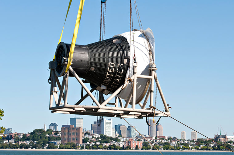 Freedom 7, NASA's first spacecraft to launch an astronaut into space, landed in Boston on Aug. 29 for display at the John F. Kennedy Presidential Library and Museum.