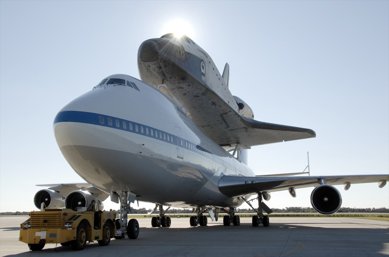 Space shuttle Endeavour, seen here in 2008 atop NASA's Boeing 747 carrier aircraft, will arrive in Los Angeles on Sept. 20.