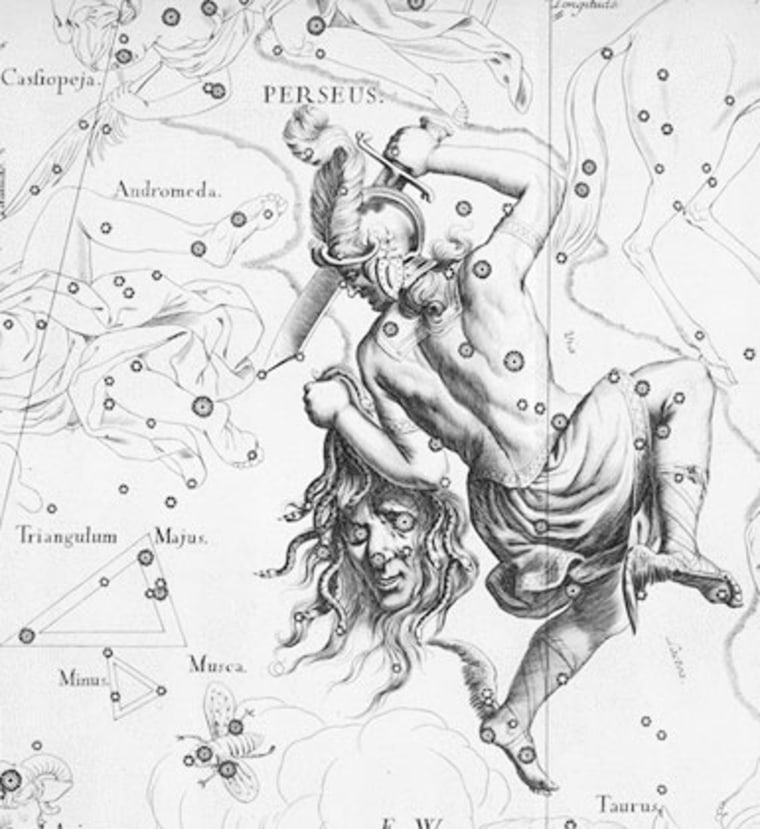 The "Demon Star" lies 93 light-years away in the constellation Perseus as one of the eyes of Medusa's head. (Here in Johannes Hevelius' Perseus from Uranographia.)