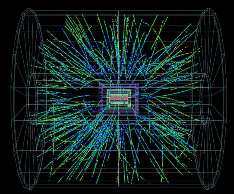 Protons collide with lead nuclei, sending a shower of particles through the ALICE detector.