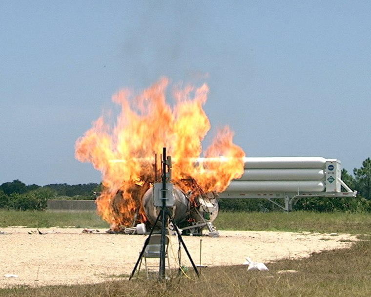 NASA's Morpheus lander prototype goes up in flames during a failed free flight test at the Kennedy Space Center in Cape Canaveral, Fla., on Aug. 9.