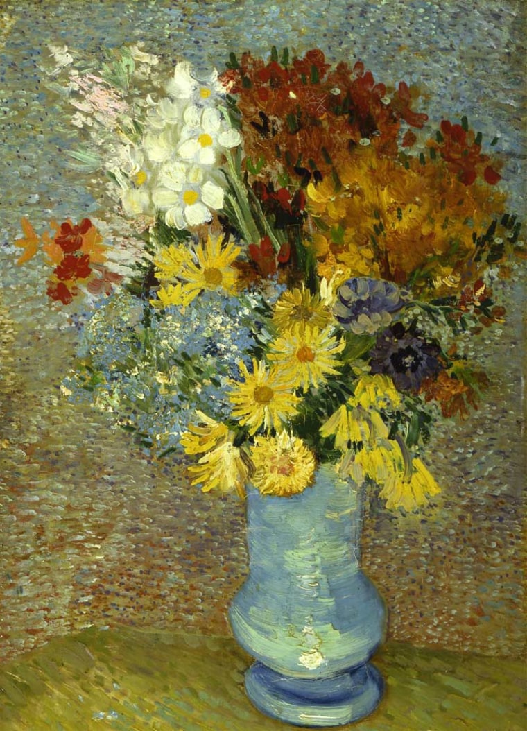 The color change (from bright yellow to orange-gray) in Van Gogh's "Flowers in a blue vase" can be seen to the right and upper right of the painting. Two microsamples were taken from these areas.