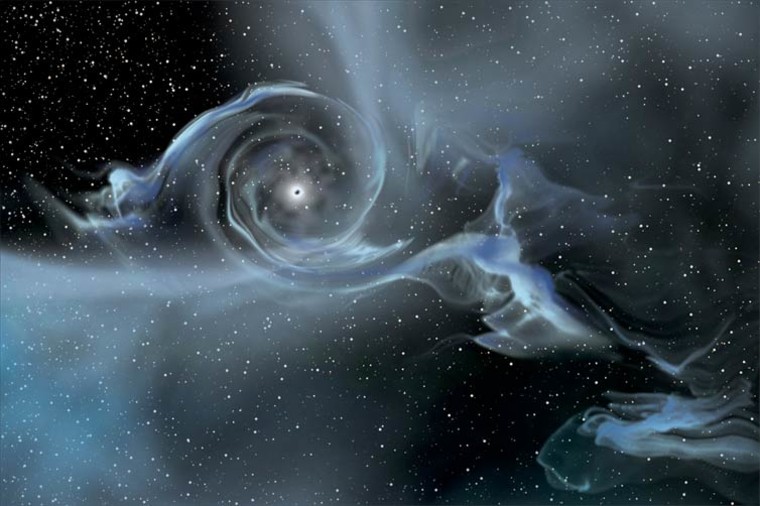 One contender for the smallest thing in the universe is the singularity at the center of a black hole. (Shown here, an artist's drawing of a black hole pulling gas away from a companion star.