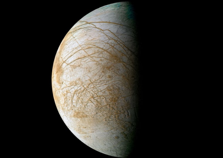 Complex and beautiful patterns adorn the icy surface of Jupiter's moon Europa, as seen in this color image intended to approximate how the satellite might appear to the human eye. The data used to create this view were acquired by NASA's Galileo spacecraft in 1995 and 1998.