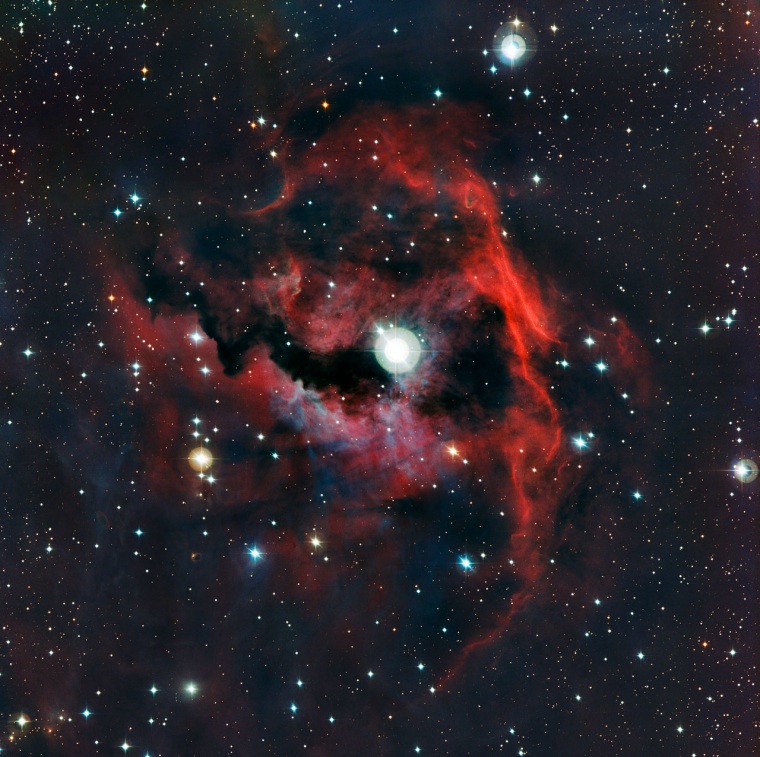 This image from ESO’s La Silla Observatory shows part of a stellar nursery nicknamed the Seagull Nebula. This cloud of gas, known as Sh 2-292, RCW 2 and Gum 1, seems to form the head of the seagull and glows brightly due to the energetic radiation from a hot young star lurking at its heart. The view was produced by the Wide Field Imager on the MPG/ESO 2.2-meter telescope.