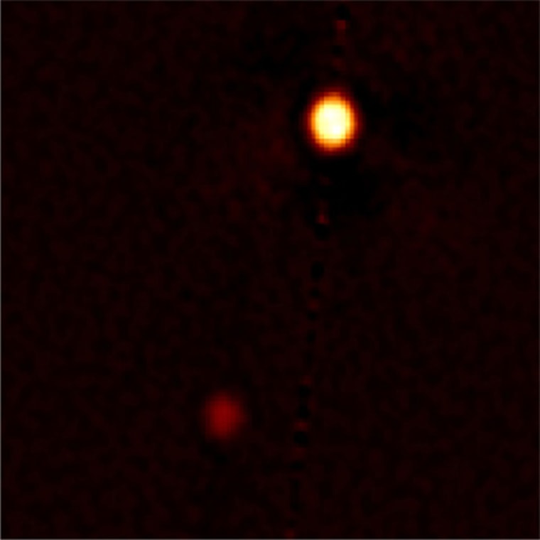 This photo of Pluto (right) and its largest moon Charon is the best visible-light photo of the dwarf planet ever taken from Earth. It was taken by the North telescope at the Gemini Observatory using the speckle imaging technique for better clarity.