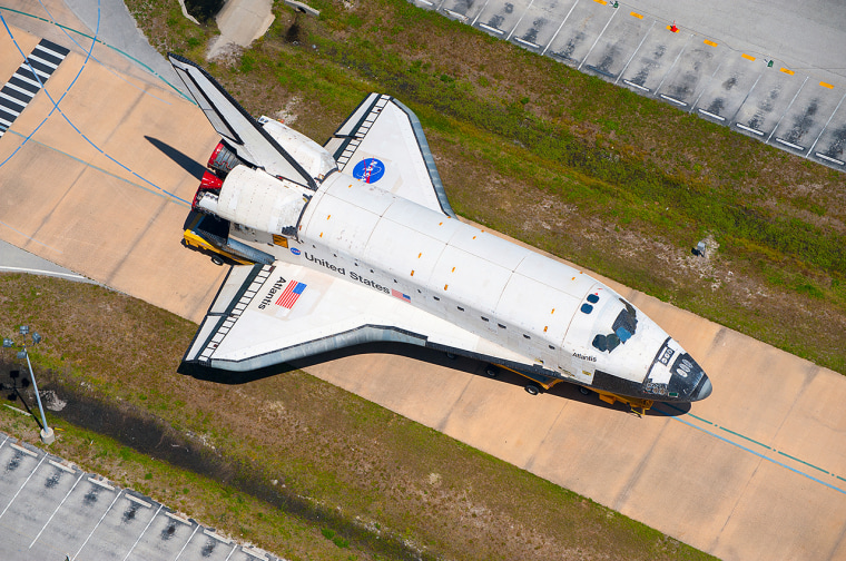 Space shuttle Atlantis, seen here on the move in May 2011, will depart on Nov. 2, 2012 on its final transport to NASA's Kennedy Space Center Visitor Complex. 