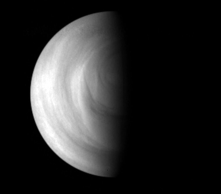 The terminator of Venus (the line between day and night) as seen by the Venus Express spacecraft in May 2006.