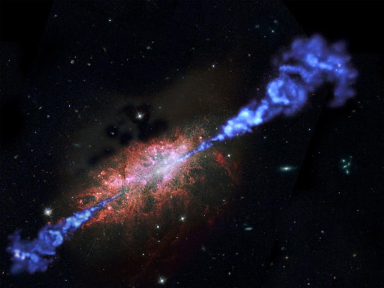 An artist's impression of a distant active galaxy firing off jets of powerful radiation.