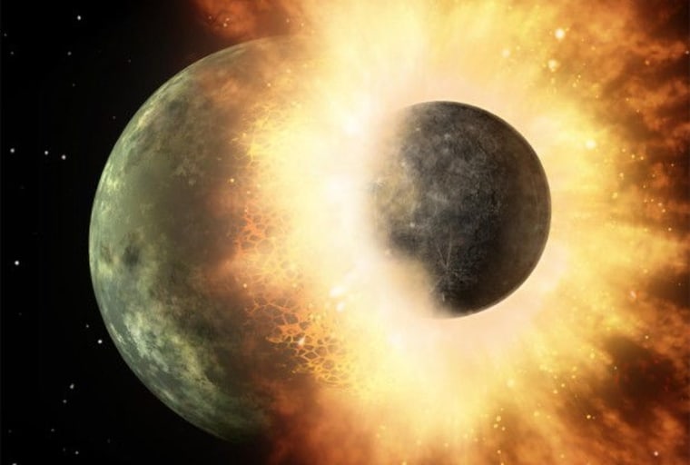 This artist's conception of a planetary smashup whose debris was spotted by NASA's Spitzer Space Telescope three years ago gives an impression of the carnage that would have been possible when a similar impact created Earth's moon. A team at Washington University in St. Louis has uncovered evidence of this impact that scientists have been trying to find for more than 30 years.