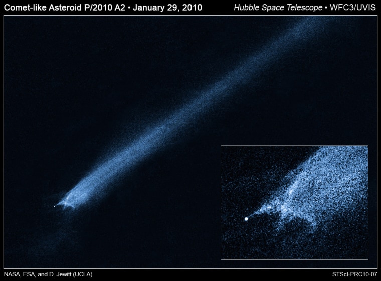 Hubble Space Telescope observation of an asteroid known as P/2010 A2 trailing debris following a suspected collision.