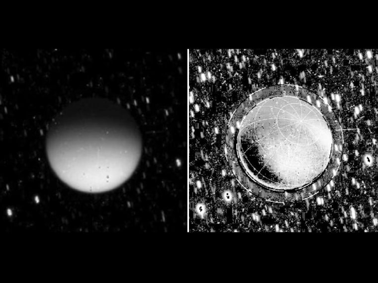 These images from NASA's Cassini spacecraft show Saturn's moon Titan glowing in the dark while in the planet's shadow. At left is a calibrated but unprocessed shot from Cassini's imaging camera. The image on the right was processed to exclude reflected light off Saturn. Some light appears to be emanating from high in Titan's atmosphere (noted by the outer dashed line at about 625 miles in altitude). But most of it is diffusing up from about 190 miles above Titan's surface.