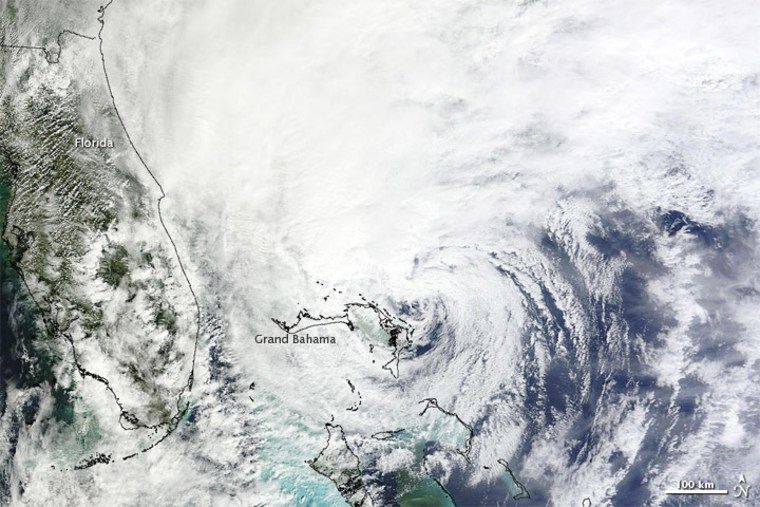 NASA's Terra satellite captured this image of Hurricane Sandy as it slowly left the Bahamas on Oct. 26.