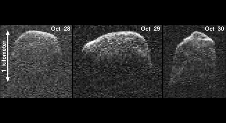 This composite image of asteroid 2007 PA8 was obtained using data taken by NASA's 230-foot-wide (70-meter) Deep Space Network antenna at Goldstone, Calif. The composite incorporates images generated from data collected at Goldstone on Oct. 28, 29 and 30.