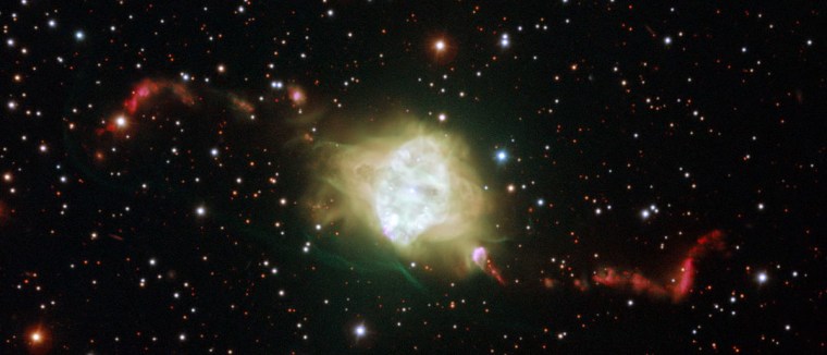 This ESO Very Large Telescope image shows the planetary nebula Fleming 1 in the constellation of Centaurus (The Centaur). New observations suggest that a rare pair of white dwarf stars lies at the heart of this object, with their orbital motions explaining the nebula's remarkably symmetric jet structures.
