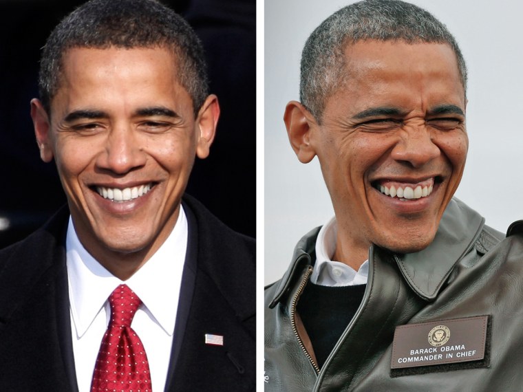Image: From left, Barack Obama takes the oath of office in 2009 & President Obama on Nov. 1, 2012.