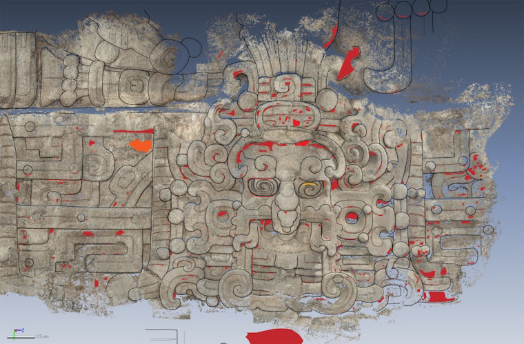 A tracing of an artistic representation of the Maya sun god found on the north side of the Diablo Pyramid at El Zotz, an archaeological site in Guatemala.