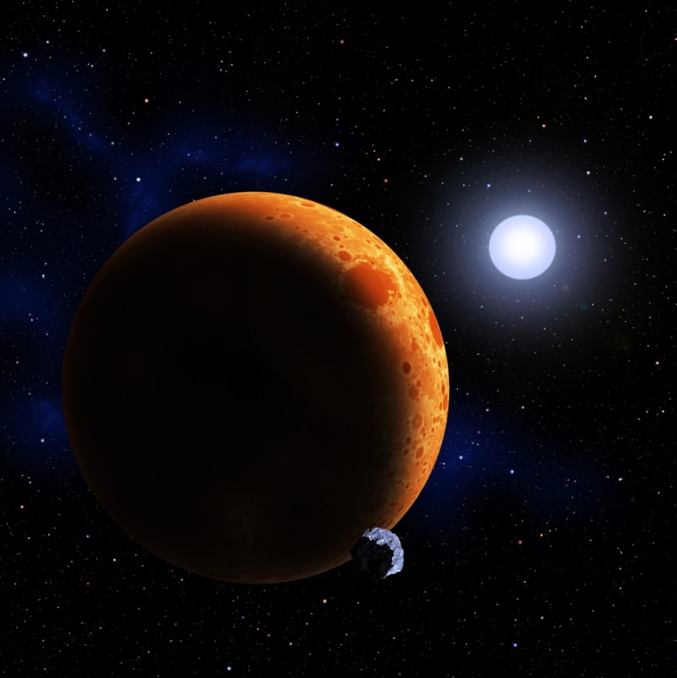 CfA astronomers have found a pair of white dwarf stars orbiting each other once every 39 minutes. In a few million years, they will merge and reignite as a helium-burning star. In this artist's conception, the reborn star is shown with a hypothetical world. An accompanying animation shows the merger process.