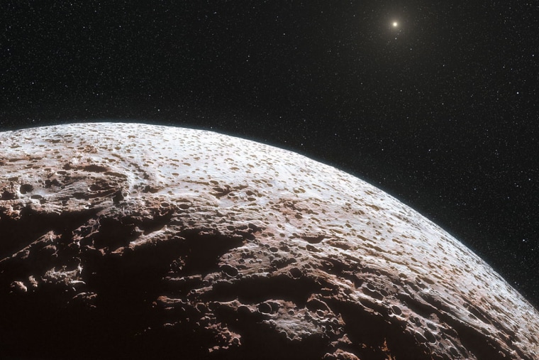 This artist’s impression shows the surface of the distant dwarf planet Makemake. This dwarf planet is about two thirds of the size of Pluto, and travels around the sun in a distant path that lies beyond that of Pluto, but closer to the sun than Eris, the most massive known dwarf planet in the solar system.