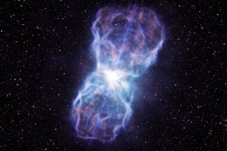 An artist’s impression of the huge outflow ejected from the quasar SDSS J1106+1939.  That ejection of matter could answer an important question about the universe: why are the black holes in the centers of galaxies so light? 