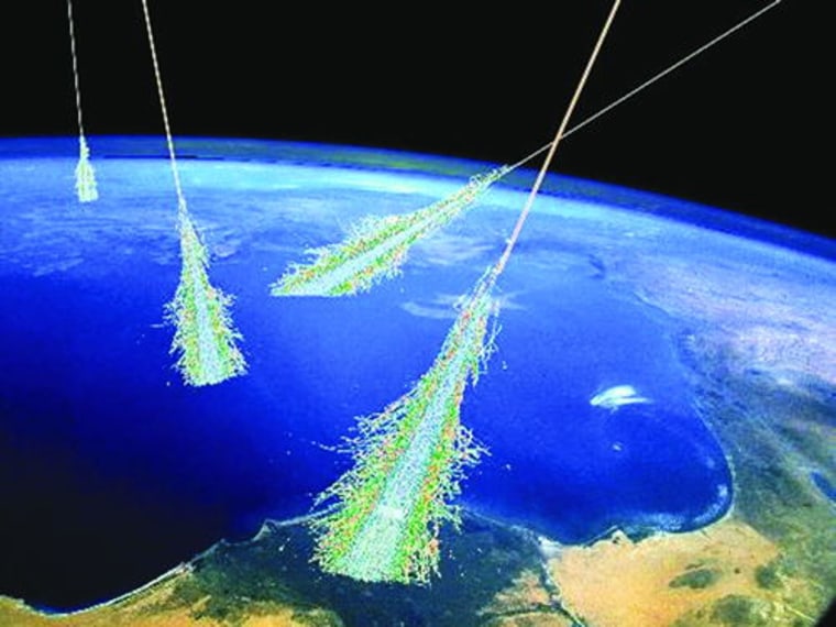 An artist's concept of the shower of particles produced when Earth's atmosphere is struck by ultra-high-energy cosmic rays.