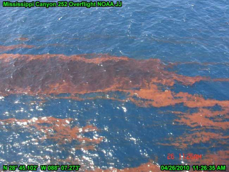 This photograph shows windrows of emulsified oil (bright orange) sprayed with dispersant. The photo was taken on April 26, 2010 as part of an aerial observation overflight.