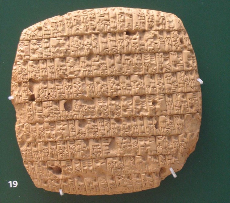 The ancient Sumerians invented cuneiform, shown here on a clay tablet documenting barley rations issued monthly to adults and children. The language may have died out as a result of a 200-year drought 4,200 years ago.