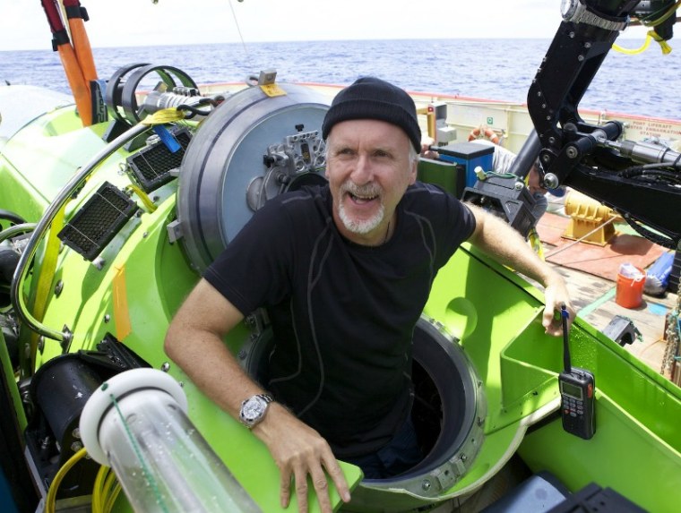 Filmmaker and National Geographic explorer-in-residence James Cameron emerges from the Deepsea Challenger submersible after his successful solo dive to the Mariana Trench, the deepest part of the ocean.