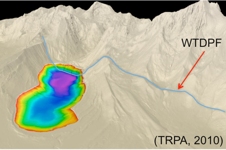 A lidar image of Fallen Leaf Lake in the Lake Tahoe Basin. The blue line is the West Tahoe Fault. The rainbow hues reflect the depth of the lake.