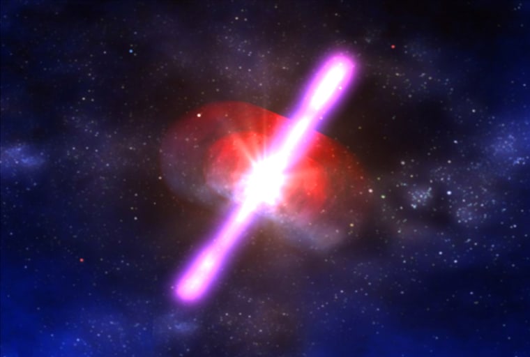 An illustration of a gamma-ray burst, the most powerful explosion type yet seen in the universe. 