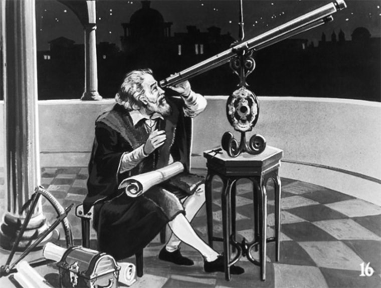 Galileo Galilei peers at the cosmos through a telescope circa 1620, as seen in a modern drawing. (History buffs take note: The carved ebony-and-ivory mounting, now a famous part of Galileo's telescope, was actually made in 1677.)