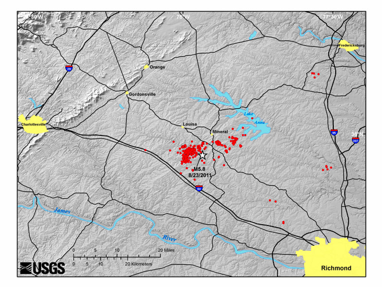 The Aug. 23, 2011 Virginia earthquake epicenter and aftershocks. Shown are the main shock (star) and aftershocks (red circles) greater than about magnitude 1.0 recorded through May 2, 2012. It is estimated that there were about 450 aftershocks greater than 1.0 from Aug. 24, 2011 to May 2, 2012.