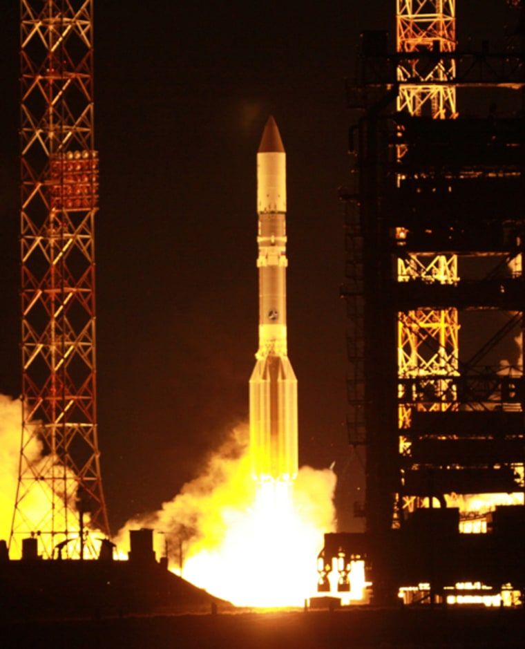 An International Launch Services Proton rocket launches the Yahsat 1 B communications satellite into orbit on April 24, 2012 from Baikonur Cosmodrome in Kazakhstan.
