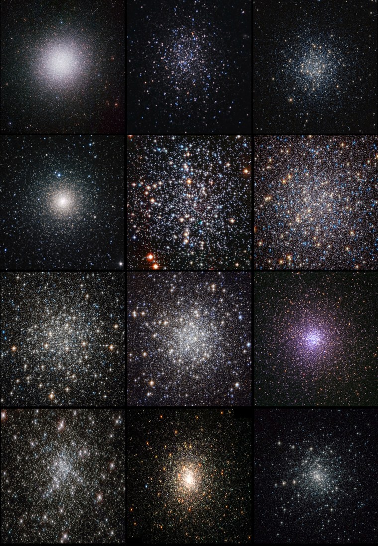 Mosaic of images of 12 globular clusters ranked in order of increasing dynamical age, as measured from the observed radial distribution of their blue straggler stars. From top left to bottom right: omega Centauri, NGC 288, M55, NGC6388, M4, M13, M10, M5, 47 Tucanae, NGC6752, M80, M30.