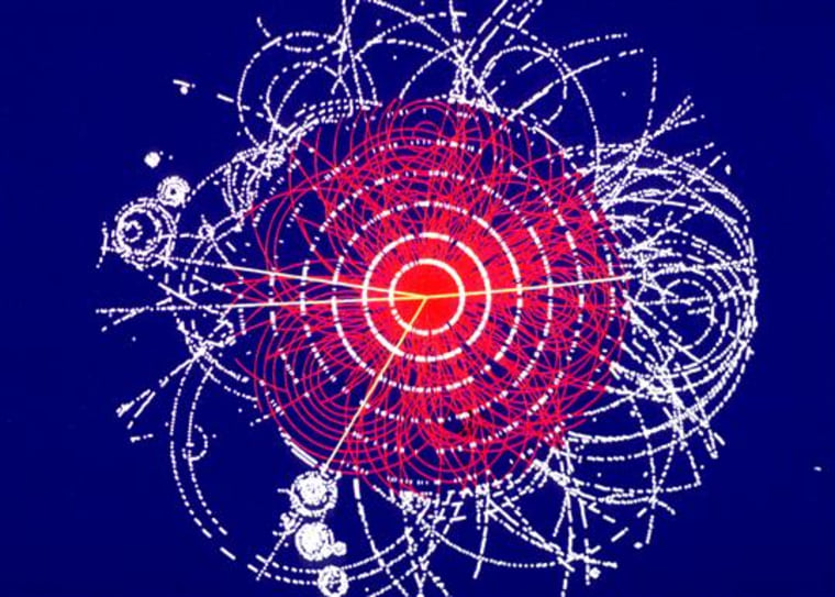 This track is an example of simulated data modelled for the ATLAS detector on the Large Hadron Collider (LHC) at CERN. The Higgs boson is produced in the collision of two protons at 14 TeV and quickly decays into four muons, a type of heavy electron that is not absorbed by the detector. The tracks of the muons are shown in yellow.
