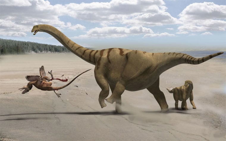 Plant-eating dinosaurs like this mother Brontomerus and her baby were born giants, say scientists who found dinosaurs skewed more toward giant species than modern creatures. 