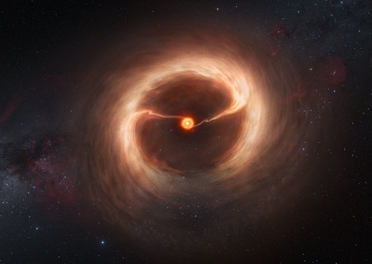 This artist’s impression shows the disk of gas and cosmic dust around the young star HD 142527. Astronomers using the Atacama Large Millimeter/submillimeter Array (ALMA) telescope have seen vast streams of gas flowing across the gap in the disc. These are the first direct observations of these streams.