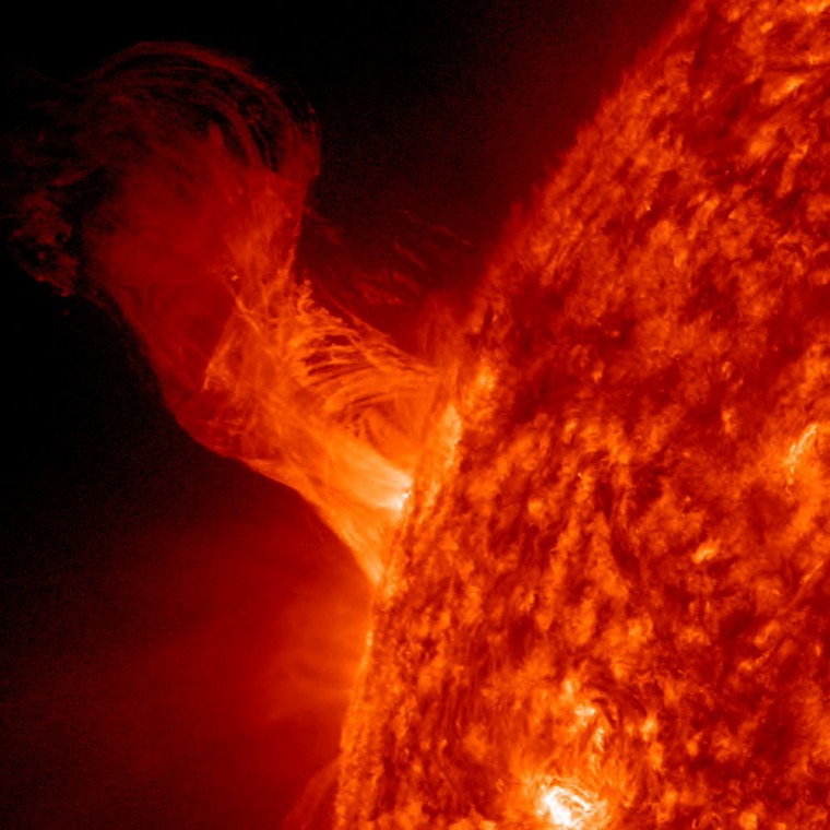 A solar eruption gracefully rose up from the sun on Dec. 31, 2012. The eruption extends about 160,000 miles out from the sun.