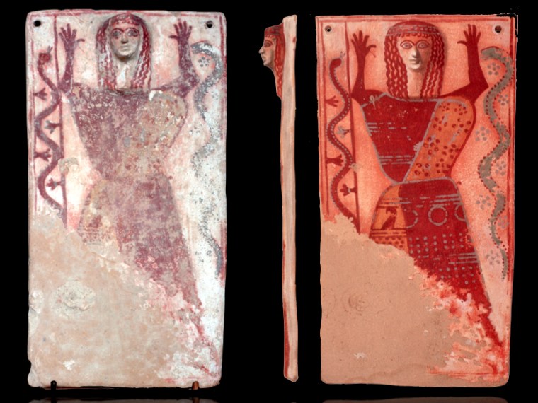 A mysterious "snake goddess" found in Athens is painted on a plaque with a molded face.