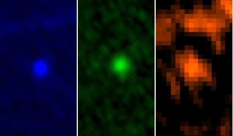 ESA's Herschel Space Observatory captured asteroid Apophis in its field of view during the approach to Earth on January 5-6. This image shows the asteroid in Herschel’s three PACS wavelengths: 70, 100 and 160 microns.