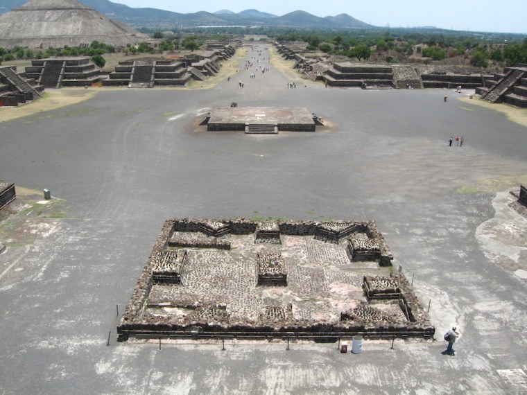 The Avenue of the Dead in the ancient city of Teotihuacan gives a sense of this Mesoamerican cultural center's enormous monuments.