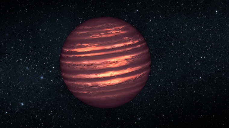 This artist's illustration shows the atmosphere of a brown dwarf called 2MASSJ22282889-431026, which was observed simultaneously by NASA's Spitzer and Hubble space telescopes. The telescopes' observations indicate this brown dwarf is marked by wind-driven, planet-size clouds.