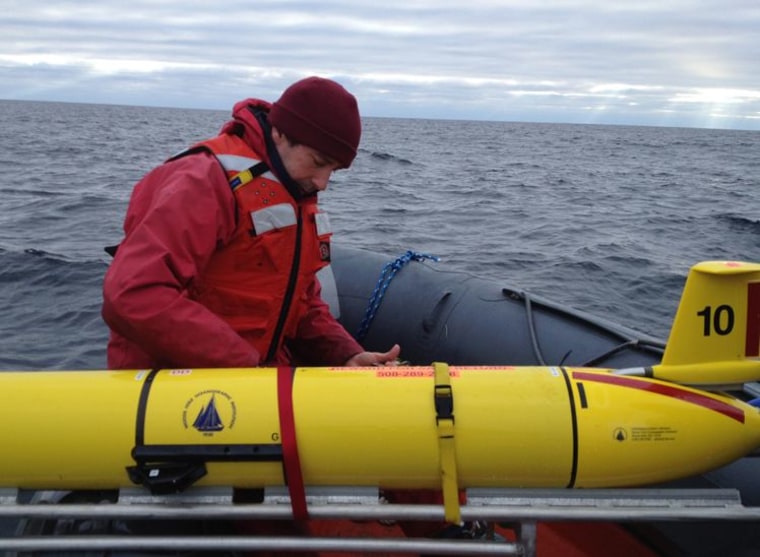 Woods Hole Oceanographic Institution scientist Mark Baumgartner secures a glider (with its wings removed) after it was recovered Dec. 4 from its three-week mission to record and transmit whale songs.