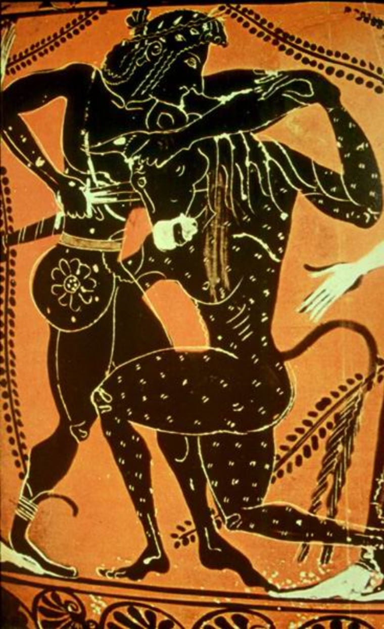 The Greek hero Theseus slays the minotaur in this 6th-century depiction on pottery.