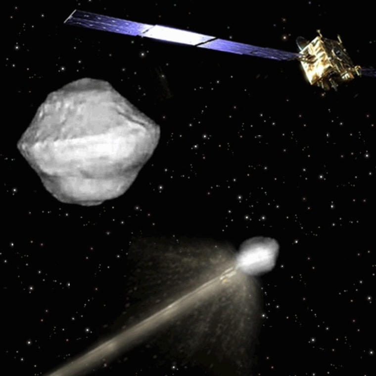 An artist's concept for the Asteroid Impact & Deflection Assessment (AIDA) mission led by the European Space Agency to intentionally strike an asteroid and test deflection capabilities that could protect Earth.