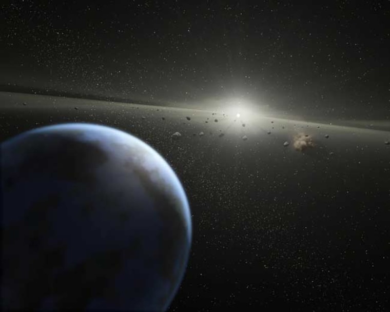 An artist's impression of a massive asteroid belt in orbit around a star. The new work with SDSS data shows that similar rubble around many white dwarfs contaminates these stars with rocky material and water.