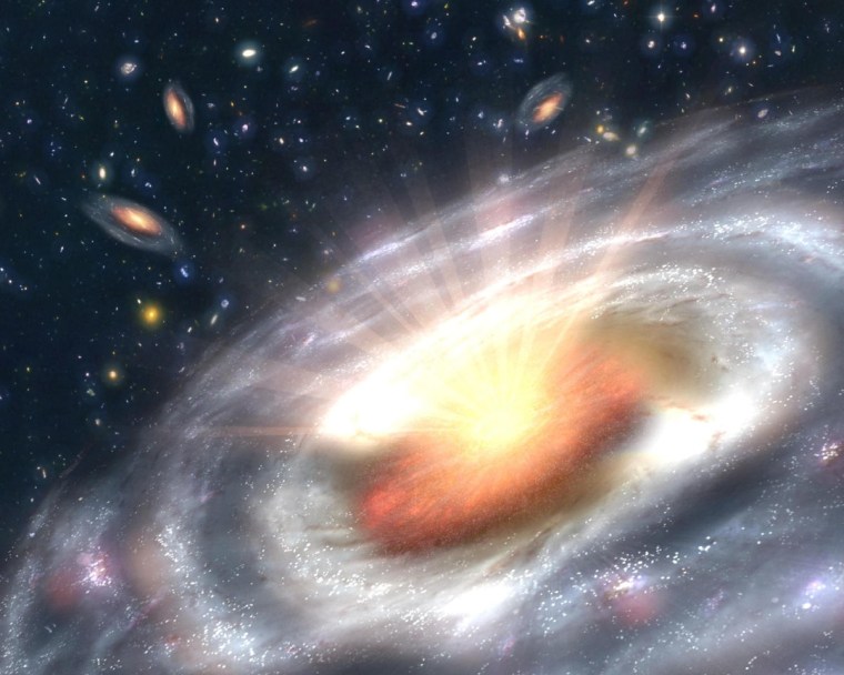 An artist's impression of a black hole like the one weighed in this work, sitting in the core of a disk galaxy. The black-hole in NGC4526 weighs 450,000,000 times more than our own sun.