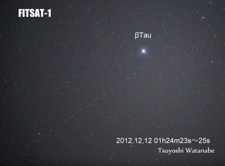 The bright flashes emitted by Japan's tiny FITSAT-1 satellite are visible from the ground.